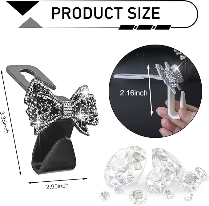 2PCS Bling Car Headrest Hook, Crystal Rhinestone Cute Bow Vehicle Seat Back Hook, PVC Multi-Functional Hook for Handbags Shopping Bags Wallet, Universal for Most Vehicles (Black)