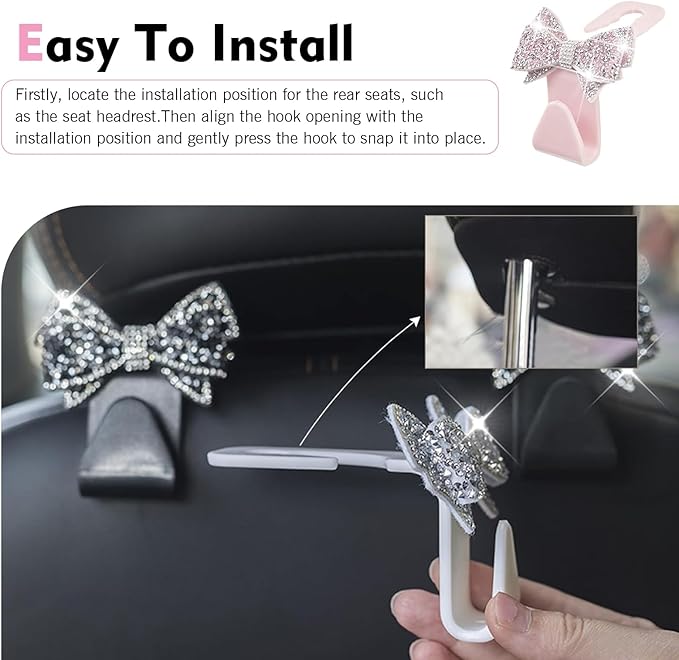 2 PCS Bling Car Seat Headrest Hooks, Crystal Rhinestone Bow Vehicle Hooks for Purses and Bags, Automotive Purse Hook Hanger, Universal Diamond Car Rear Seat Organizer (Pink)