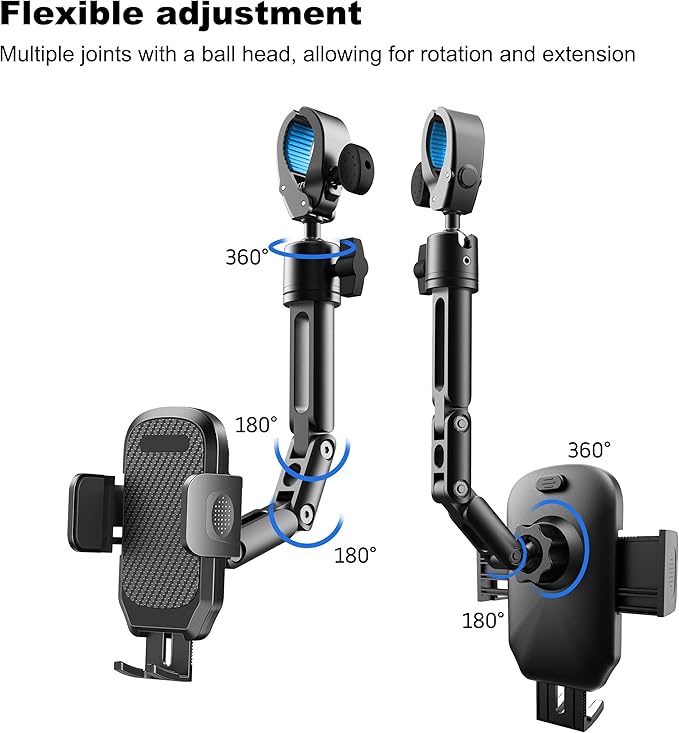 Quyee Phone Holder Car, Rear View Mirror Phone Holder - Aluminum Alloy Mount Multi-Angle Adjustment Rotatable and Retractable Compatible with All 4-7 Inch iPhone and Android Cell Phones