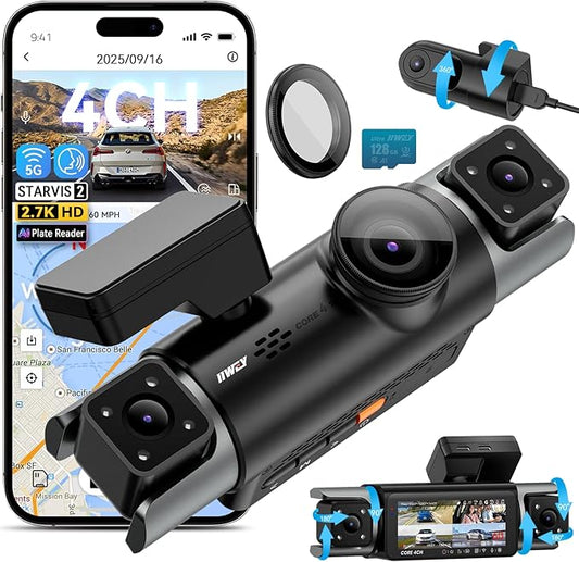 IIWEY 4 Channel Dash Cam 360° View, STARVIS 2 Front 2.7K Rear 2K Inside 1080P x2, 8IR LEDs Night Vision 3.0, PlateTag AI for Plate Clarity, 5GHz WiFi GPS, Voice Control, 24/7 Parking Mode, 128GB Card