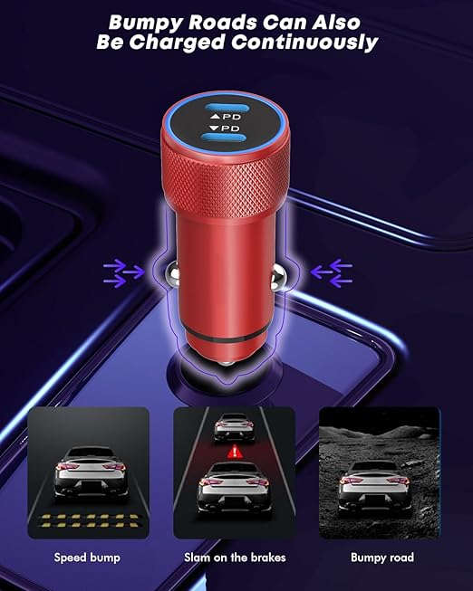 Fast Car Charger for iPhone 16,USB C Charging iPhone 2Pack Dual USB C Port Car Charger Block Cigarette Lighter Adapter Plug with Woven Braided USBC to USBC Cord for iPhone 16/16 Pro/15/iPad(Red)