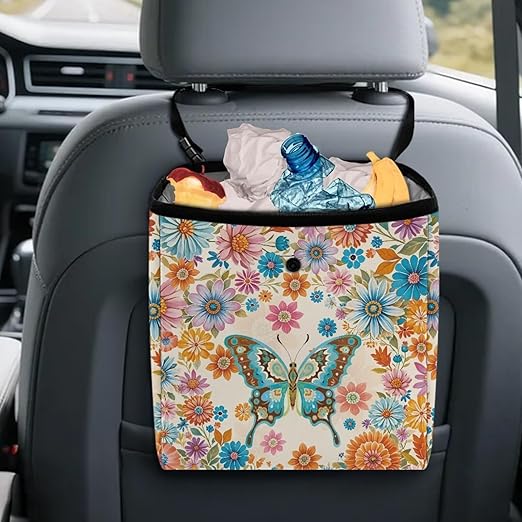 Butterfly Car Trash Can for Back Seat Car Accessories for Women Men Boho Mandala Leakproof Auto Garbage Cans Hanging Trash Bin for Car Water-Resistant