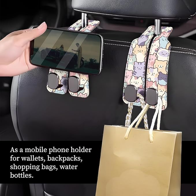 Car Seat Headrest Hook, Universal Leather Cute Hanger Holder Hook, Storage Organizer Interior Accessories for Purse Bags Handbag Colorful Cute Cats