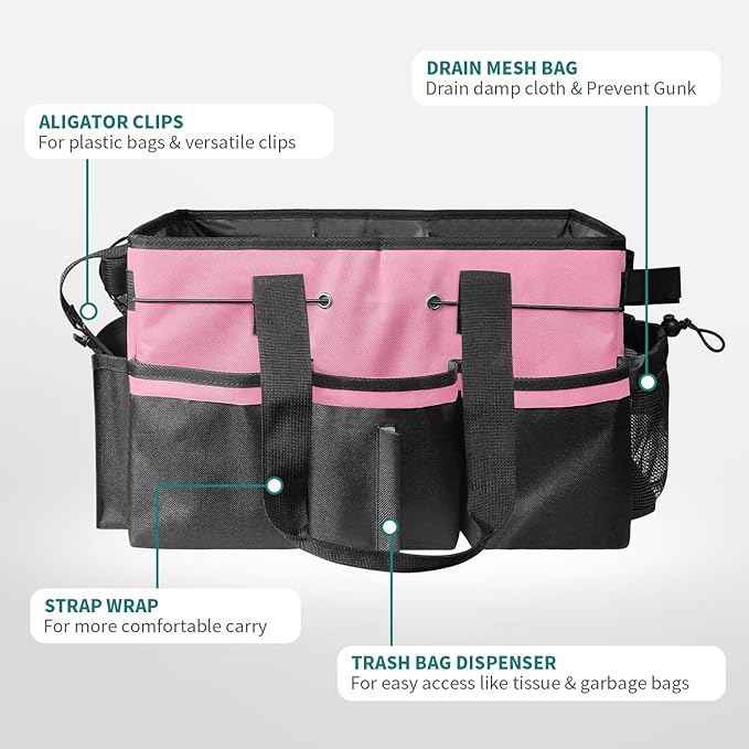 Cleaning Bags for Housekeepers, Large Cleaning Supplies Organizer with Handles & Shoulder Strap, Cleaning Caddy Bag with Foldable Divider for Cleaners, Car Horse Cleaning Bag(Pink)