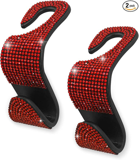 OSIFIT 2PCS Car Seat Hooks, Bling Rhinestone Headrest Hooks, Universal Bling Car Interior Accessories, for Handbag, Clothes, Purse, Water Bottle (Red)