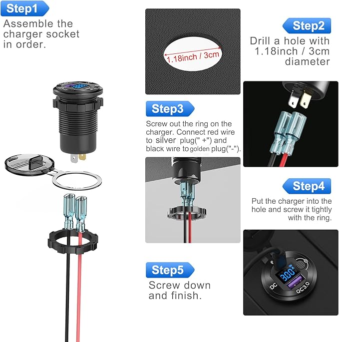 12V USB Outlet Aluminum Car Charger PD65W Port for Laptops, Quick Charge 3.0 USB Port for Car, Built-in Boost 15V 20V Output Socket Waterproof with Voltmeter and Switch for RV Marine Boat, etc