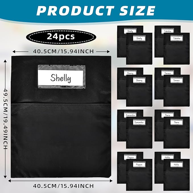24 Pcs Classroom Chair Pockets, 19.49 x 15.94 inch Chair Pockets For Classroom, Seat Sacks for Classroom Chairs, Buddy Pocket, Chart Seat Back Organizer with Name Tag