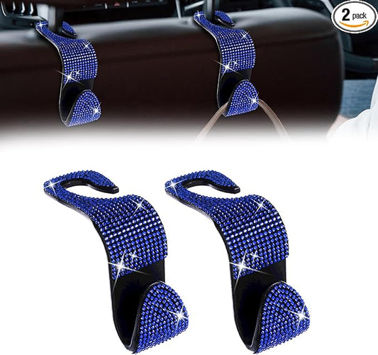 deemars 2 Pack Car Seat Headrest Hook, Bling Car Hooks Front Seat, Back Seat Organizer Hanger Storage Hook Car Purse Hook for Bags, Clothes, Coats, Grocery Bags (Blue)