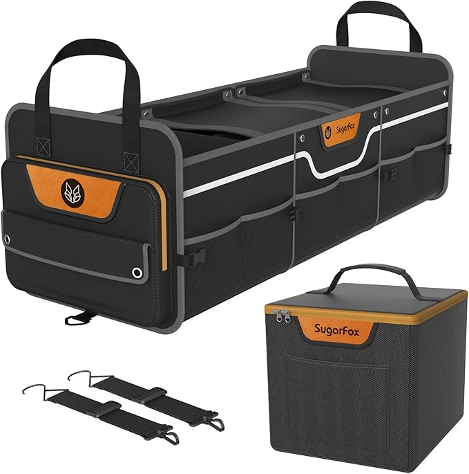 Car Trunk Organizer for SUV, Heavy Duty Waterproof Trunk Organizer, Foldable Collapsible Car Organizer with Cooler, Multi-Compartment Large Trunk Organizer (95L), Black-M003