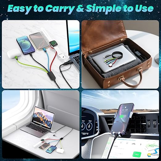 4-in-2 Multi Charging Cable with iWatch Charger, 2Pack 5FT Nylon Braided Charging Cords, USB C/USB A Phone Charger Cord for iPhone 17-5, iPad, Galaxy S25-S21, Travel/Car/Home Use