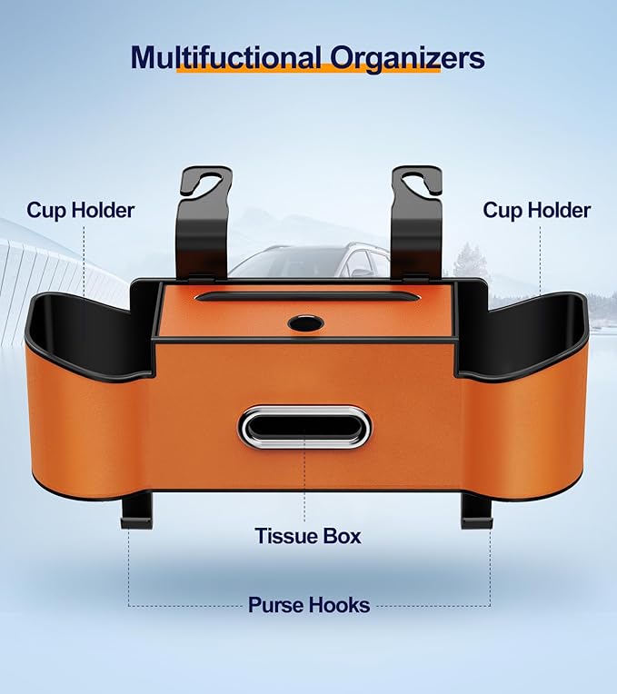 Multifunctional Car Organizers and Storage Box, Car Seat Back Storage Box with Tissue Holder, 2 Cup Holders & Purse Hooks (Orange)