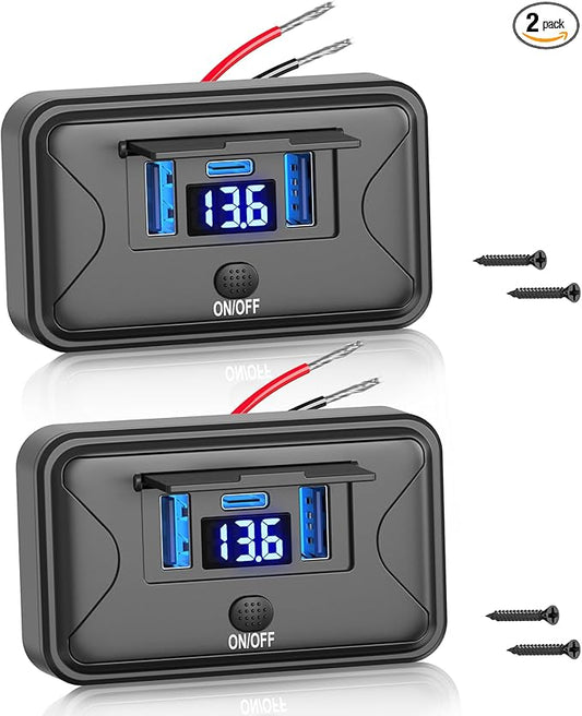 2 Pack 72W 12V USB Outlet Panel Wall Mount Qidoe Dual Quick Charger & 36W PD Surface Mount Car USB Port With Voltmeter Button Switch for Car Bus RV Truck