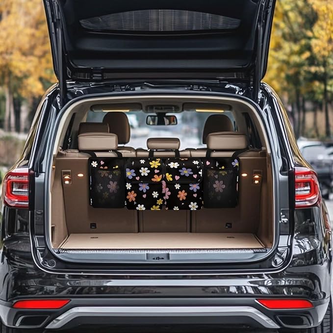 Floral Flowers Backseat Trunk Organizer for Car Heart Back Seat Car Organizer with Extra Storage Space for SUVs,Trucks,Vans Hanging Trunk Storage Bag