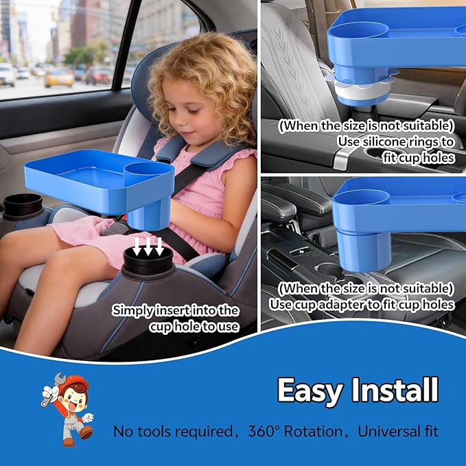 Car Seat Snack Tray for Kids Toddler Travel,Cup Holder Expander for Car,Toddler Travel & Road Trip Accessory for Mess-Free Snacking in The Car(Blue)