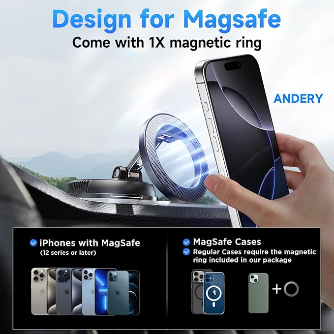 ANDERY Car Phone Holder for Magsafe [78+LBS Strongest Suction & 2400gf Strongest Magnetic] 360° Adjustable Car Phone Mount, Phone Holders for Your Car for iPhone 17-12 Pro Max Air Plus (Carbon Fiber)
