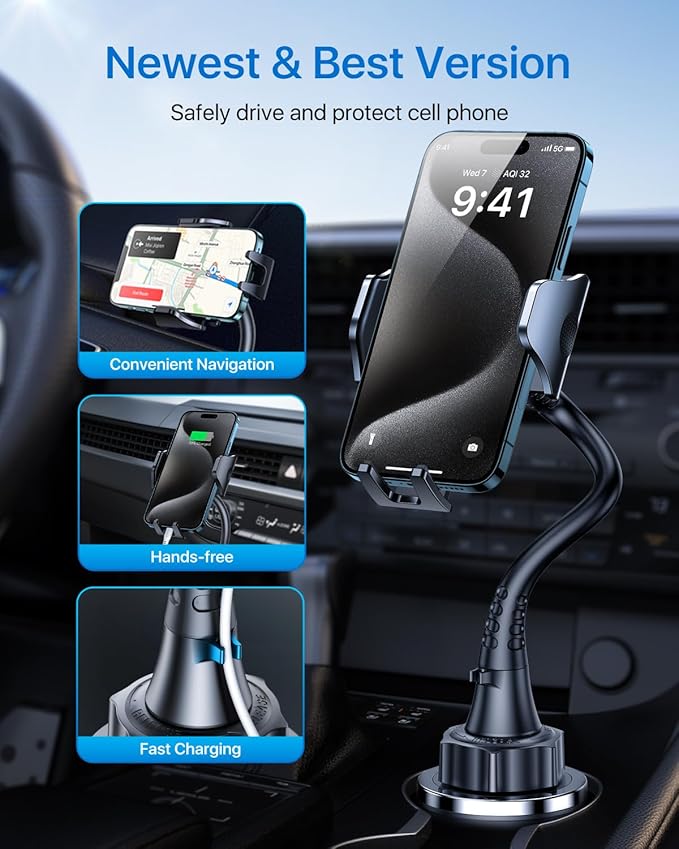 andobil Upgraded 15" Cup Holder Phone Holder, 【Solidest & Adjustable】 Military-Grade Long Gooseneck Cup Phone Holders for Your Car Truck, Car Phone Holder for iPhone 17 Pro Max 16 15 14/Samsung/Pixel