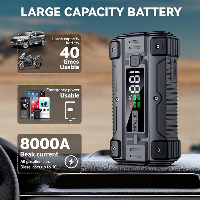 Car Jump Starter, 8000A Peak 26800mAh (Up to All Gas or 10.0L Diesel Engine, 50 Times) 12V Auto Booster Battery Charger Jump Box with Quick Charger Smart Jump Cables with LED Screen