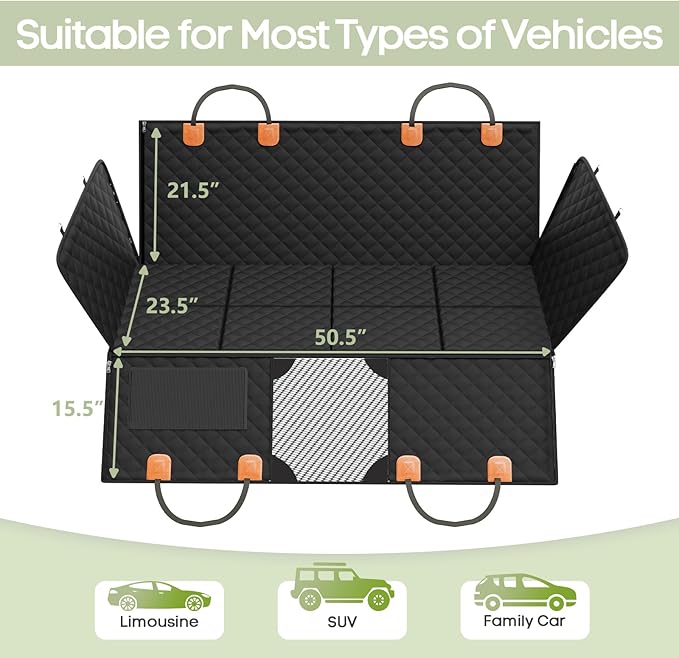 Dog Car Seat Cover for Back Seat, Hard Bottom Back Seat Extender Supports 400lbs, Waterproof Rear Seat Pet Cover, Dog Hammock with Mesh Window for Car SUV