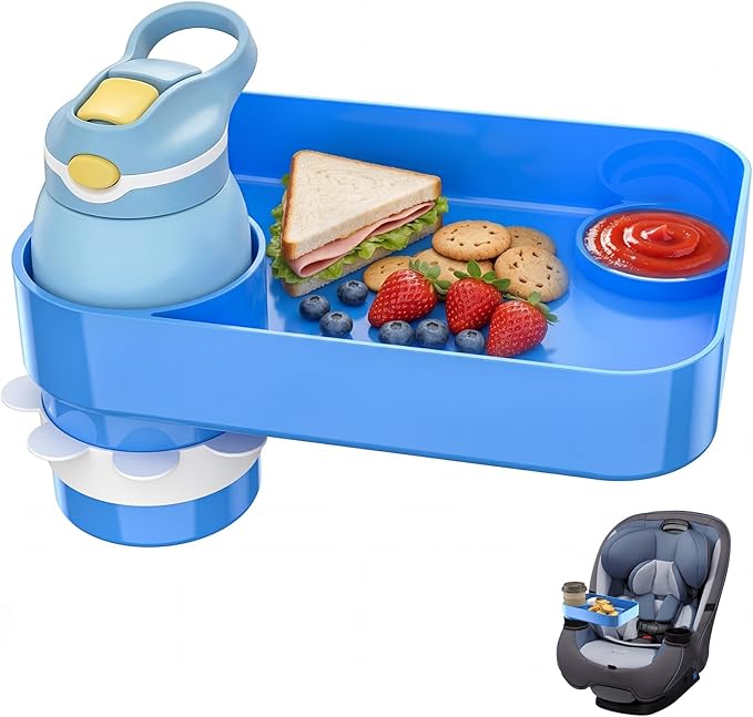 Kids Car Seat Tray, Travel Tray with Cup Holder for Toddler Baby, Kids Car Seat Food Snack Organizer for Road Trip, Stroller Snack Organizer Travel Must Haves Toddler Must Haves (Blue, 1 Pack)