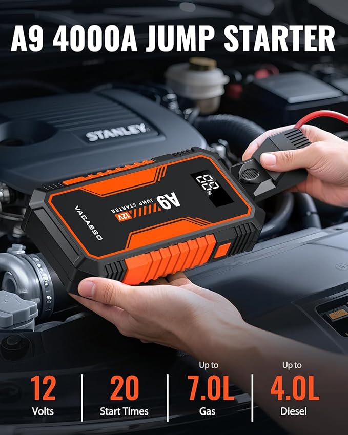 Jump Starter 4000A, VACASSO A9 Battery Jumper Starter Portable (7L Gas/4L Diesel), 12V Car Battery Booster Jump Starters Pack, Jumpstart with USB Ports, Jumper Cables, LED Light, Storage Case