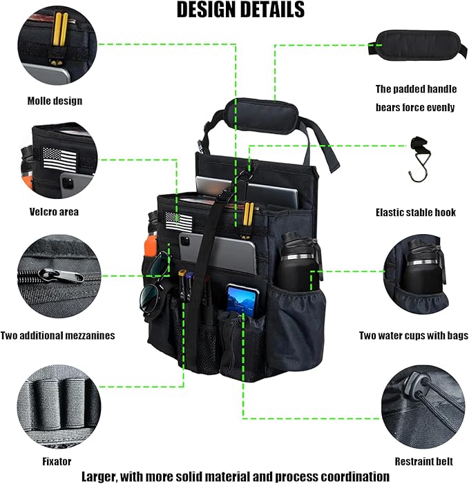 Front & Seat back organizer with dedicated tablet and 15.6 IN laptop storage stabilizers external stabilizing side straps soft adjustable shoulder straps hardened buckle Universal fits for Most of Car