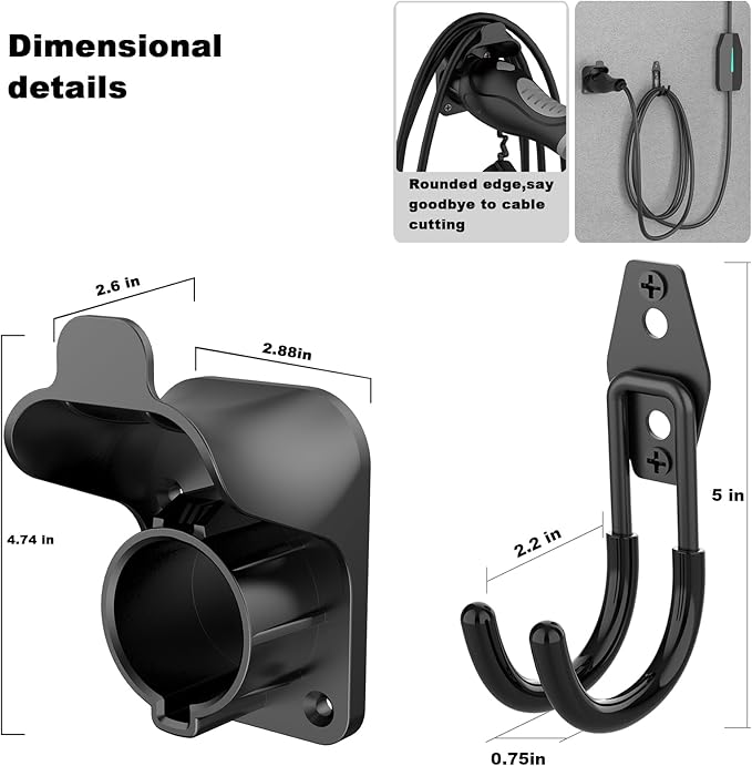 EV Charger Holder Wall Mount J1772 Charging Cable Organizer Heavy Duty & No Cable Cutting Electric Car Plug Nozzle Holster Dock