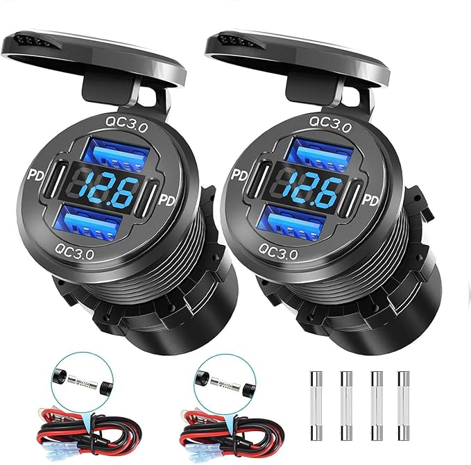 2Pack 78W Quad-Port 12V USB Outlet - Dual QC3.0 & PD3.0 Quick Charge Car Charger Socket with Voltmeter, Aluminum Alloy Waterproof USB C Port for Car Boat Marine Motorcycle RV Truck ATV Golf Cart