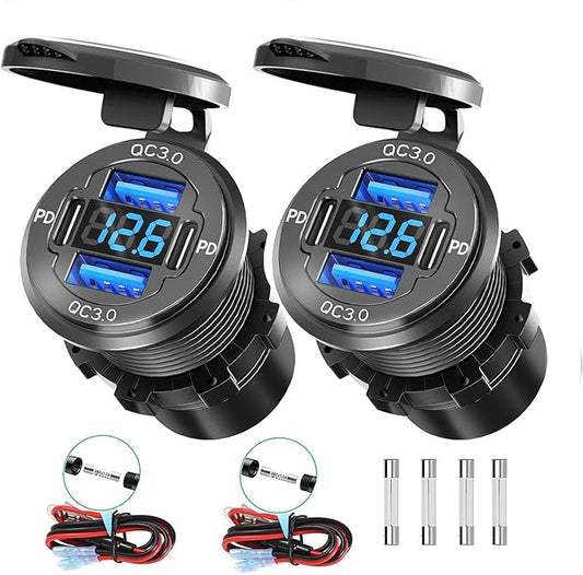 2Pack 78W Quad-Port 12V USB Outlet - Dual QC3.0 & PD3.0 Quick Charge Car Charger Socket with Voltmeter, Aluminum Alloy Waterproof USB C Port for Car Boat Marine Motorcycle RV Truck ATV Golf Cart