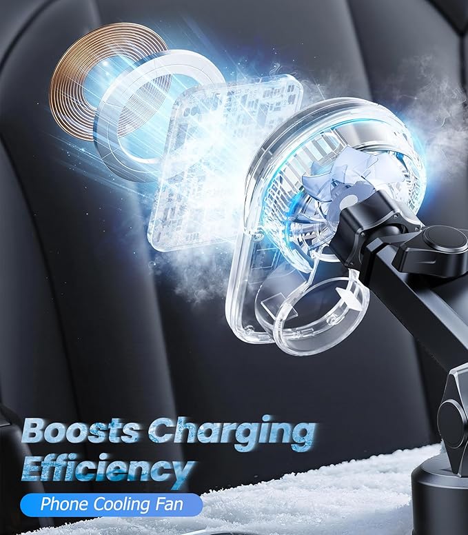 Wireless Magnetic Car Phone Holder Mount with Cooling Fan & RGB Lights, 15W Fast Charging Auto-Rotate Suction Cup Charger for iPhone 17/16/15/14/13 S25 Samsung, Car Dashboard/Windshield Mount