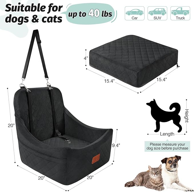 Lealchum Dog Car Seat for Medium Dogs Up to 40lbs,Fully Detachable and Washable,Memory Foam Covered Soft Fabric,Easy to Install with Adjustable Straps,Anti-Slip Base,Two Side Pockets(Black,Medium)