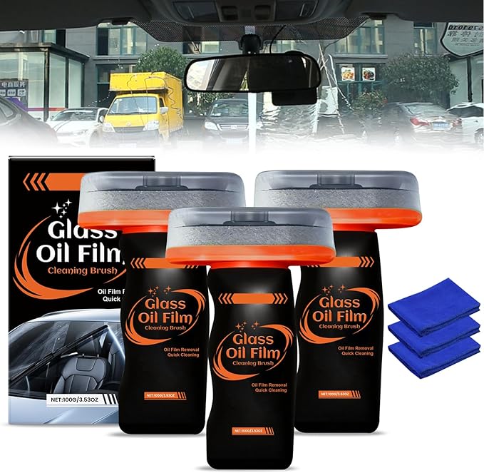 3PCS Glass Oil Film Remover for Car,100ml Roll-On Glass Compound with Cleaning Board, Removes Oil Film & Smudges,Automotive Oil Film Cleaning Brush for Car Windows