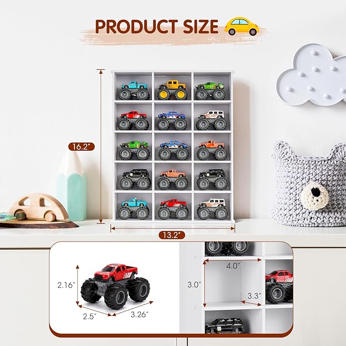 Trucks Display Shelf, 15 Slot Toy Cars Display Case, Wall Mounted Toy Truck Storage Organizer Holder