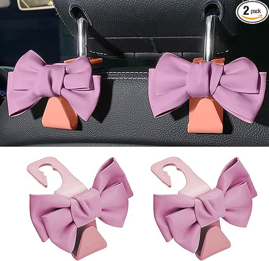 2 PCS Car Seat Headrest Hooks, Cute Bow Shaped Vehicle Backseat Storage Hooks, Leather Bow Shaped Sturdy Car Seat Back Hook for Purses/Coats (Pink)