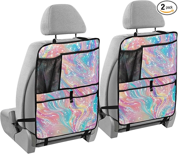 2 Pack Back Seat Car Organizer with Storage Pockets Kick Mats Back Seat Protector Hanging Car Organizer Automotive Seat Back Cover Organizers Pink Liquid Gradient