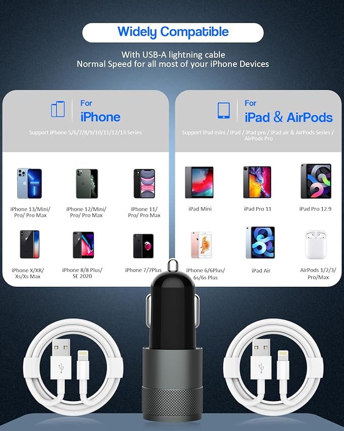 Apple MFi Certified iPhone Car Charger, 3.4A Fast Charge Dual Port USB Cargador Carro Lighter Adapter, Metal Cigarette Lighter [2Pack] Lightning Cable for iPhone/iPad/Airpods
