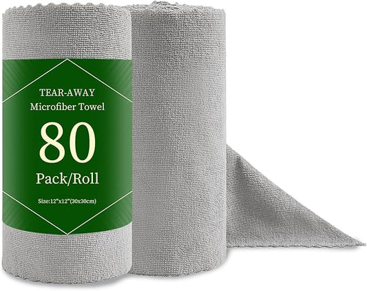 Jessy Home 80 Pack Reusable Paper Towels Grey Microfiber Cleaning Cloth Roll 12"x12" Microfiber Towels for Cars, Tear Away Cloth, Lint Free Rags for House, Kitchen,Window,Cleaning Supplies