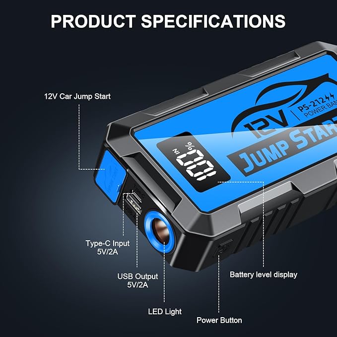 8000A Car Jump Starter, 12V Jump Starter Battery Pack (All Gas,up to 10.0L Diesel Engine) Jumper Cables Portable Lithium Jump Box, USB Output and LED Light