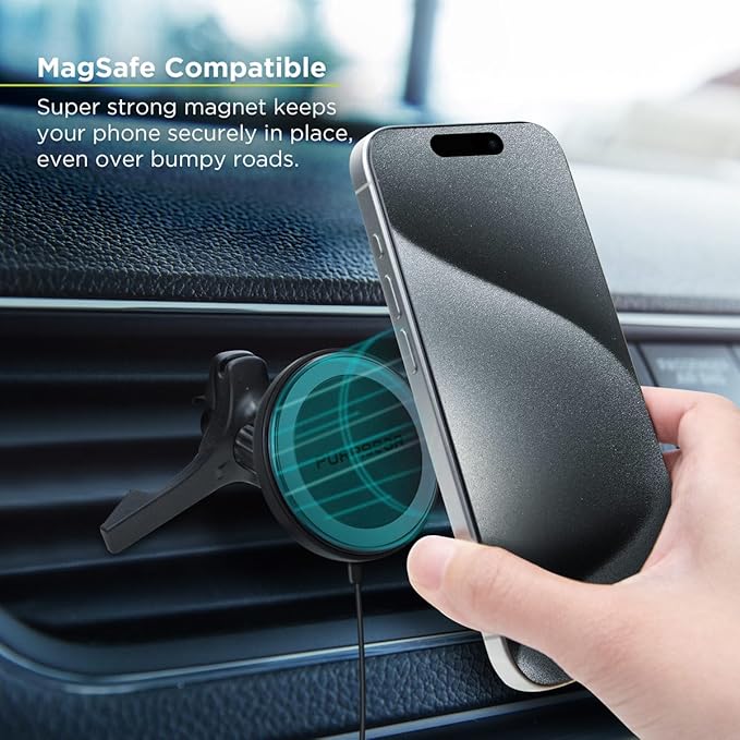PureGear Qi2 Certified 15W MagSafe Car Mount Charger, Magnetic Wireless Car Charger, Car Phone Holder for iPhone 17/16/15/14/13/12, Air Vent/Dashboard, Super Fast Charging, Black