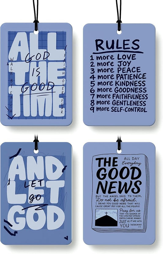 Retro Blue Christian Car Air Freshener 4 Pcs, Neutral Bible Verses Hanging Air Freshener for Cars Bathroom Dorm Books Decor, Vintage Religious Accessories Gifts for Women Men