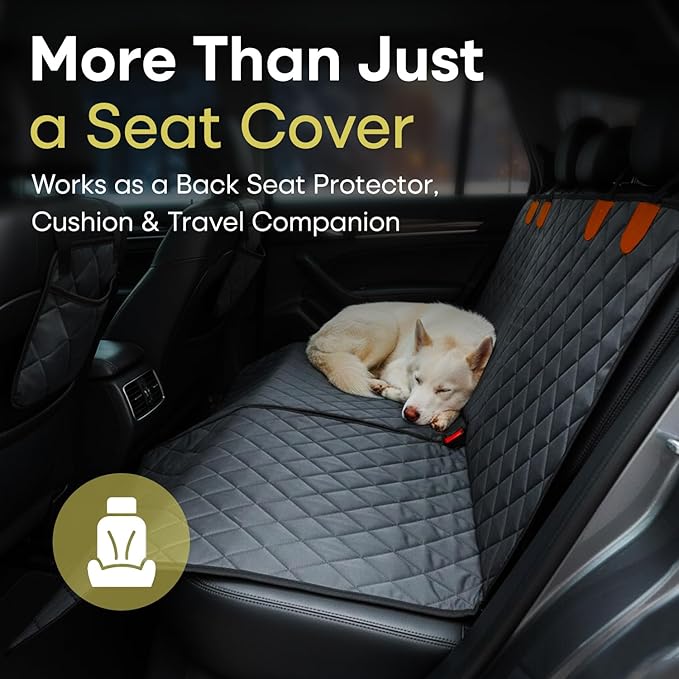 Jubily Dog Car Seat Cover for Back Seat, 100% Waterproof 600D Oxford Cloth Non-Slip Car Seat Protector, Universal Fit Pet Seat Cushion with Storage Pocket, Safety Ropes & Leash (Orange Pocket)