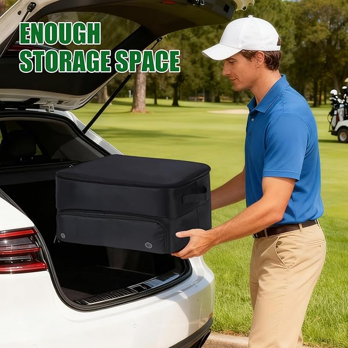Golf Trunk Organizer Storage with Separate Compartment for 2 Pair Shoes Up to US Mens 16,2 Layer Golf Trunk Organizer,Waterproof Car Trunk Locker for Balls, Tees,Gifts for Golfers