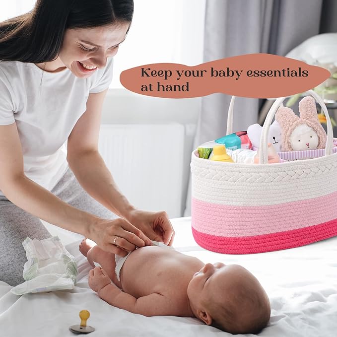 luxury little Diaper Caddy Organizer, Large Cotton Rope Nursery Baby Basket, Changing Table Organizer for Baby Diaper Storage, Portable Car Organizer Removable Divider (Pink, Extra Large)