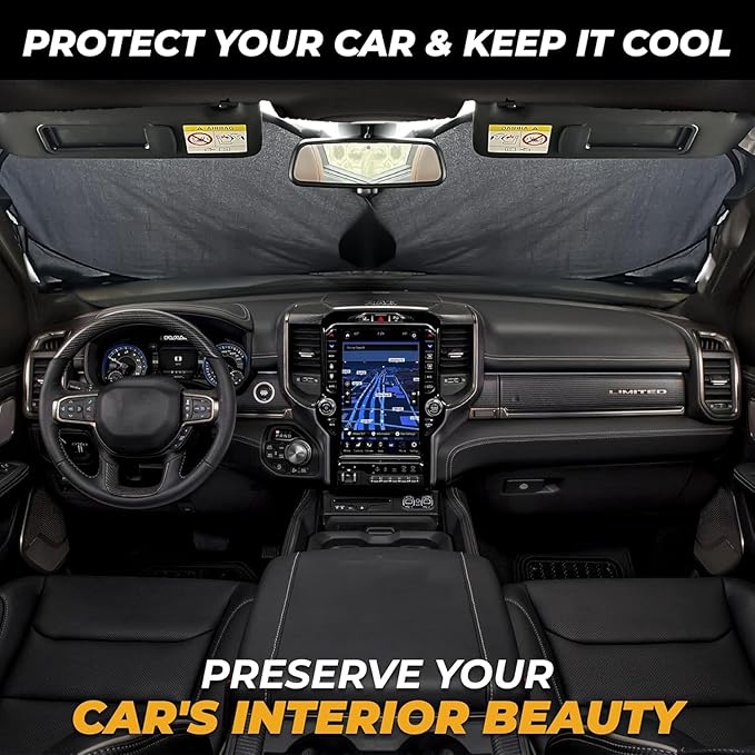 X-Large Truck Front Windshield Sun Shade (69" x 35") – 240T Thickened Reflective Sunshade, Blocks 99% Heat & UV Rays, Foldable Windshield Sunshade Keeps Vehicle Interior Cool