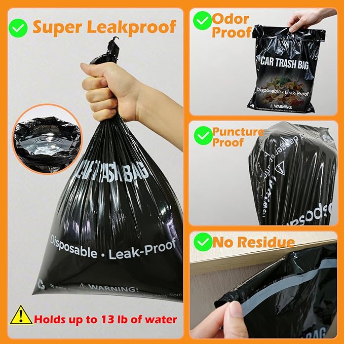 50 Count Recycled Disposable Car Trash Bags - 2 Gallon Heavy Duty Alternative to Bulky Car Trash Can & Car Garbage Can, Leakproof Smellproof Hanging & Stick-On Garbage Bag for Car, SUV, Truck, Vehicle