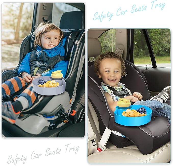 2PCS Car Seat Snack Tray for Kids: Kids Car Tray with Cup Holder, Toddlers Road Trip Essential, Travel Snacks Food Plate for Stroller, Snack Tray with a Cup Holder (Sky Blue&Gray)