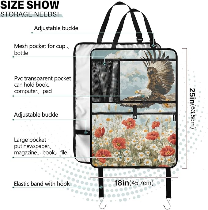 Blue Eagle Poppy and Daisy Flowers 2 Pack Backseat Car Organizer with Storage Pockets Seat Back Organizers for Kids Kick Mats Backseat Protector Automotive