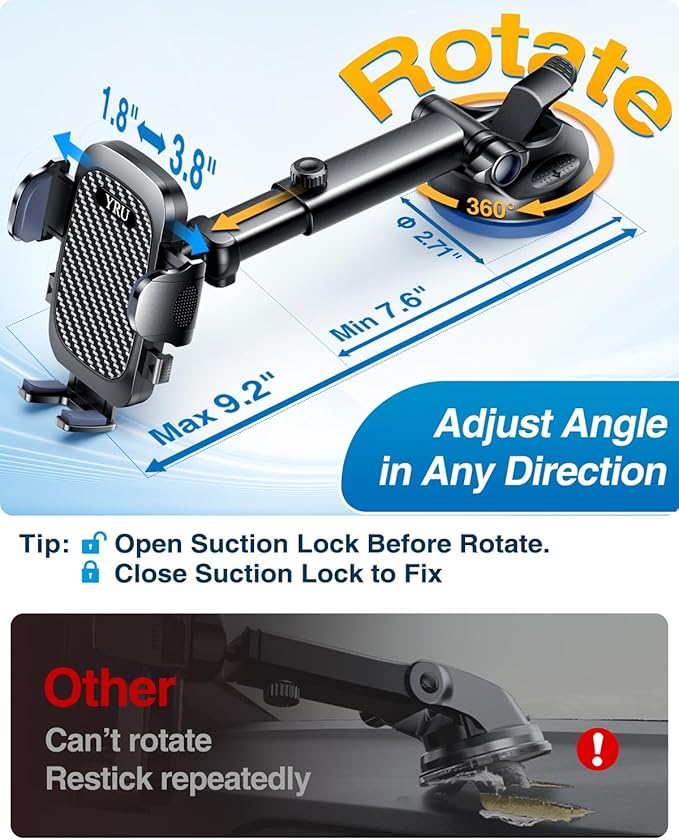 YRU True Military-Grade [360° Rotation Suction] 2026 Ultimate Car Phone Holder Mount 【90+LBS Safest Strongest & Patent Certs】 Dashboard Windshield Vent for iPhone 17 Pro Max Speaker Boxes, Gloss Black