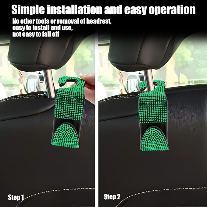 OSIFIT 2PCS Car Seat Hooks, Bling Car Rhinestone Headrest Hooks, Universal Bling Car Interior Accessories, for Handbag, Clothes, Purse, Water Bottle (Green)