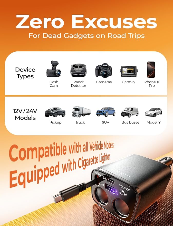 LISEN Car Cigarette Lighter Splitter, Metal 90W Dual Cigarette Lighter Adapter Metal with PD30W Retractable Car Charger, LED Voltage12V/24V Car Charger Splitter for iPhone 16, GPS, DashCam