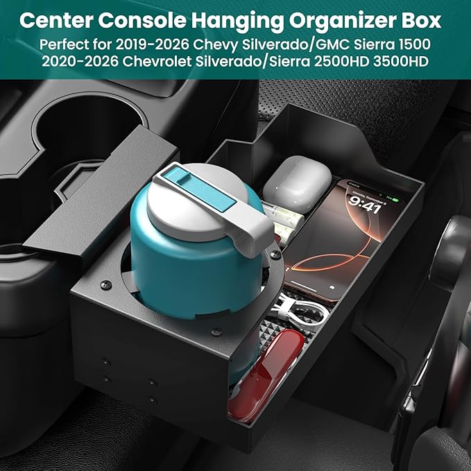 Metal Center Console Hanging Organizer Box with Cup Holder Compatible with 2019-2026 Chevy Silverado/GMC Sierra 1500 and 2020-2026 Chevrolet Silverado/Sierra 2500HD 3500HD Tray Accessories